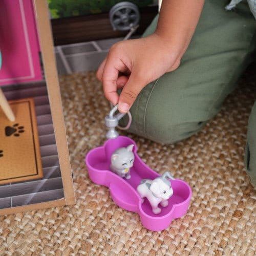 cat and dog in bath of Kidkraft Purrfect Pet Dollhouse