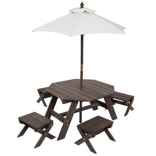 KidKraft Octagon Table, Stools & Umbrella Set - Bear Brown & Beige
