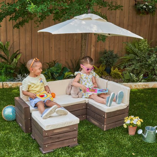 KidKraft Outdoor Sectional Ottoman & Umbrella Set - Bear Brown & Beige - The Online Toy Shop - Kids Garden Furniture - 4