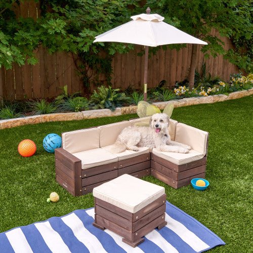 KidKraft Outdoor Sectional Ottoman & Umbrella Set - Bear Brown & Beige - The Online Toy Shop - Kids Garden Furniture - 1