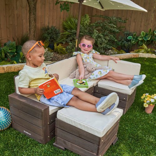 KidKraft Outdoor Sectional Ottoman & Umbrella Set - Bear Brown & Beige - The Online Toy Shop - Kids Garden Furniture - 11