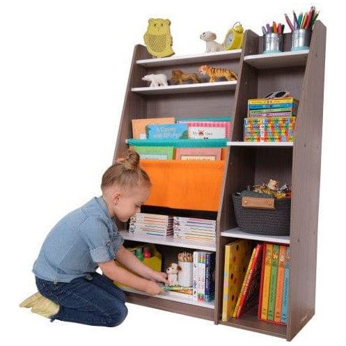 girl kneeling in front of KidKraft Pocket Storage Bookshelf - Gray Ash