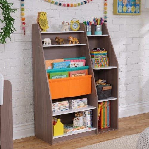 KidKraft Pocket Storage Bookshelf - Gray Ash with books and toys in room