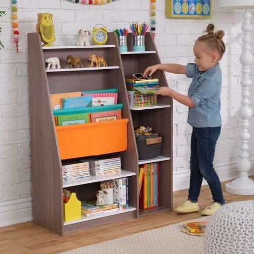 girl getting book from shelf of KidKraft Pocket Storage Bookshelf - Gray Ash
