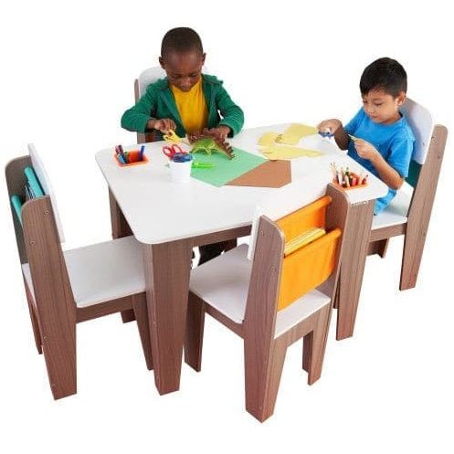 2 boys sitting at KidKraft Pocket Storage Table and 4 Chair Set - Grey Ash playing with crafts
