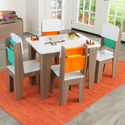 KidKraft Pocket Storage Table and 4 Chair Set - Grey Ash on orange rug