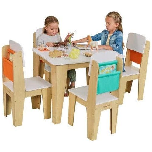 girls playing with toys at KidKraft Pocket Storage Table and 4 Chair Set - Natural