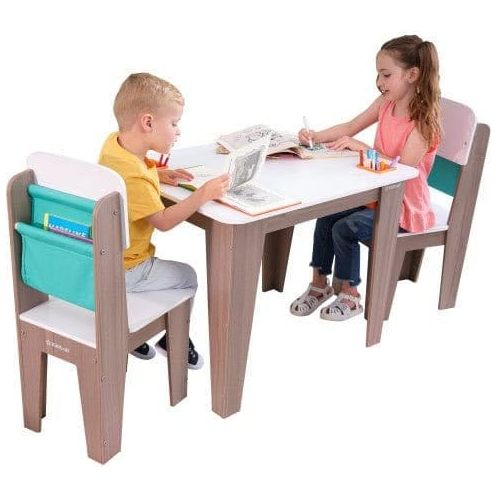 children sitting at KidKraft Pocket Storage Table & 2 Chair Set - Gray Ash and reading