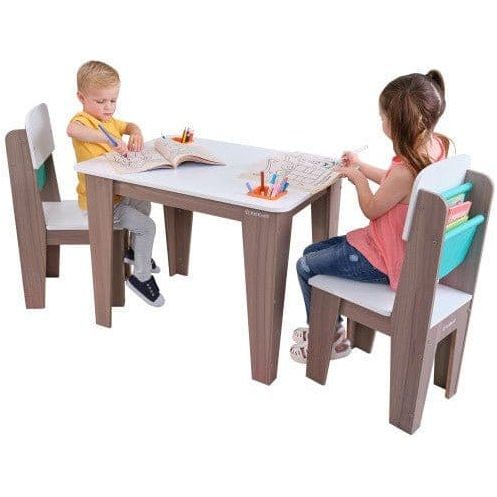 children colouring in while sitting at KidKraft Pocket Storage Table & 2 Chair Set - Gray Ash