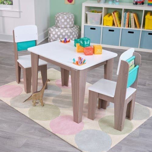 KidKraft Pocket Storage Table & 2 Chair Set - Gray Ash on rug in playroom