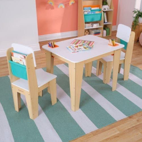 KidKraft Pocket Storage Table & 2 Chair Set - Natural on striped rug in playroom
