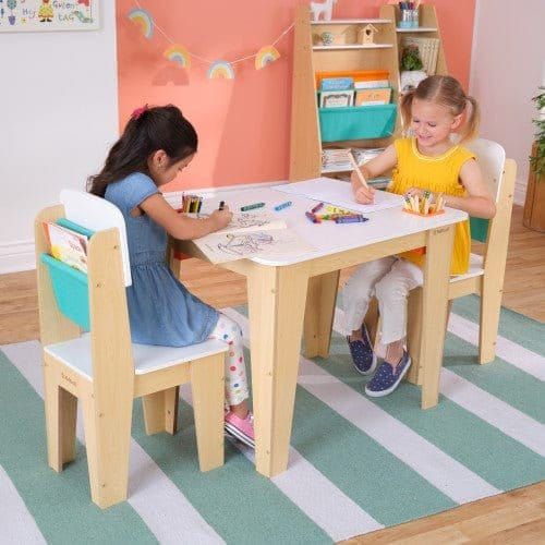 children colouring at KidKraft Pocket Storage Table & 2 Chair Set - Natural