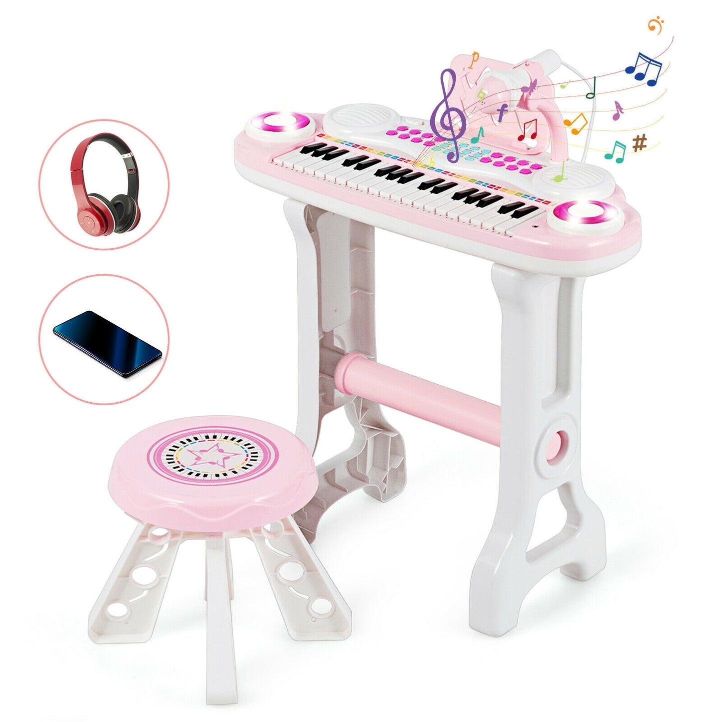 37-Key Kid's Toy Electronic Keyboard with Stool and Microphone-Pink