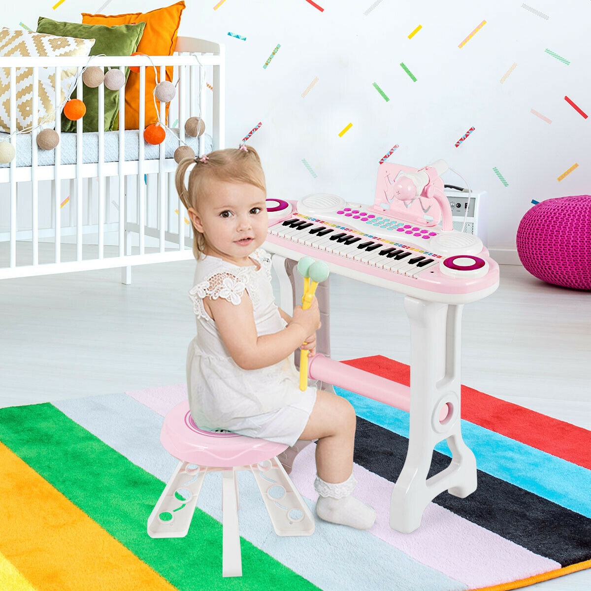 37-Key Kid's Toy Electronic Keyboard with Stool and Microphone-Pink