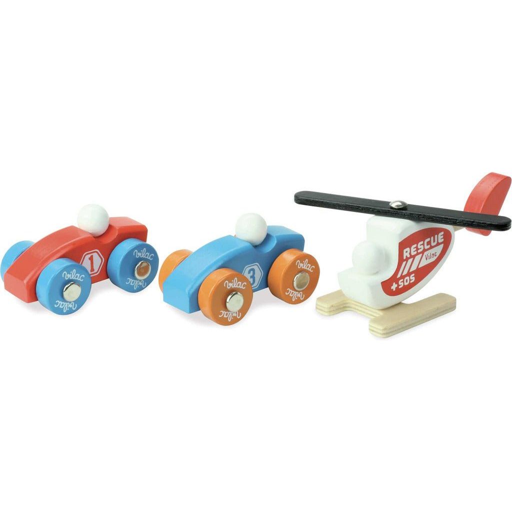 Vilac wooden cars and helicopter