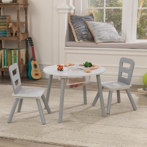 KidKraft Round Storage Table & 2 Chair Set - Grey & White on rugh with guitar in background