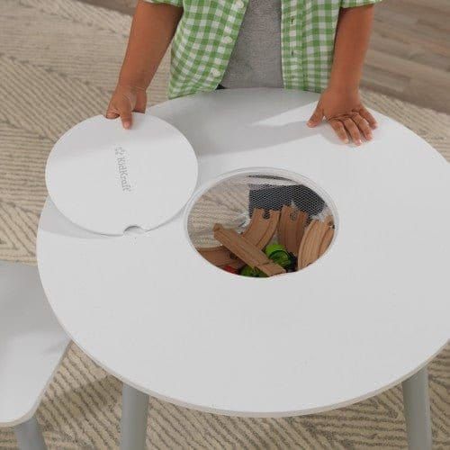 KidKraft Round Storage Table & 2 Chair Set - Grey & White with hole in middle