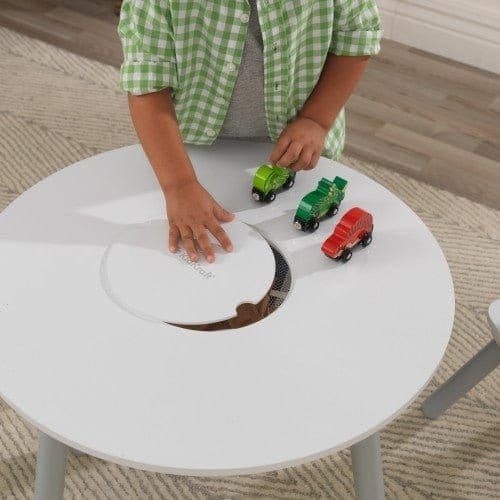 KidKraft Round Storage Table & 2 Chair Set - Grey & White with 3 toy cars on top