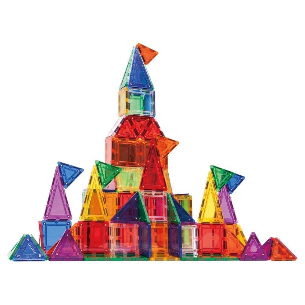 castle model made from Magformers TileBlox Construction Toy Rainbow 104 Piece Set box 