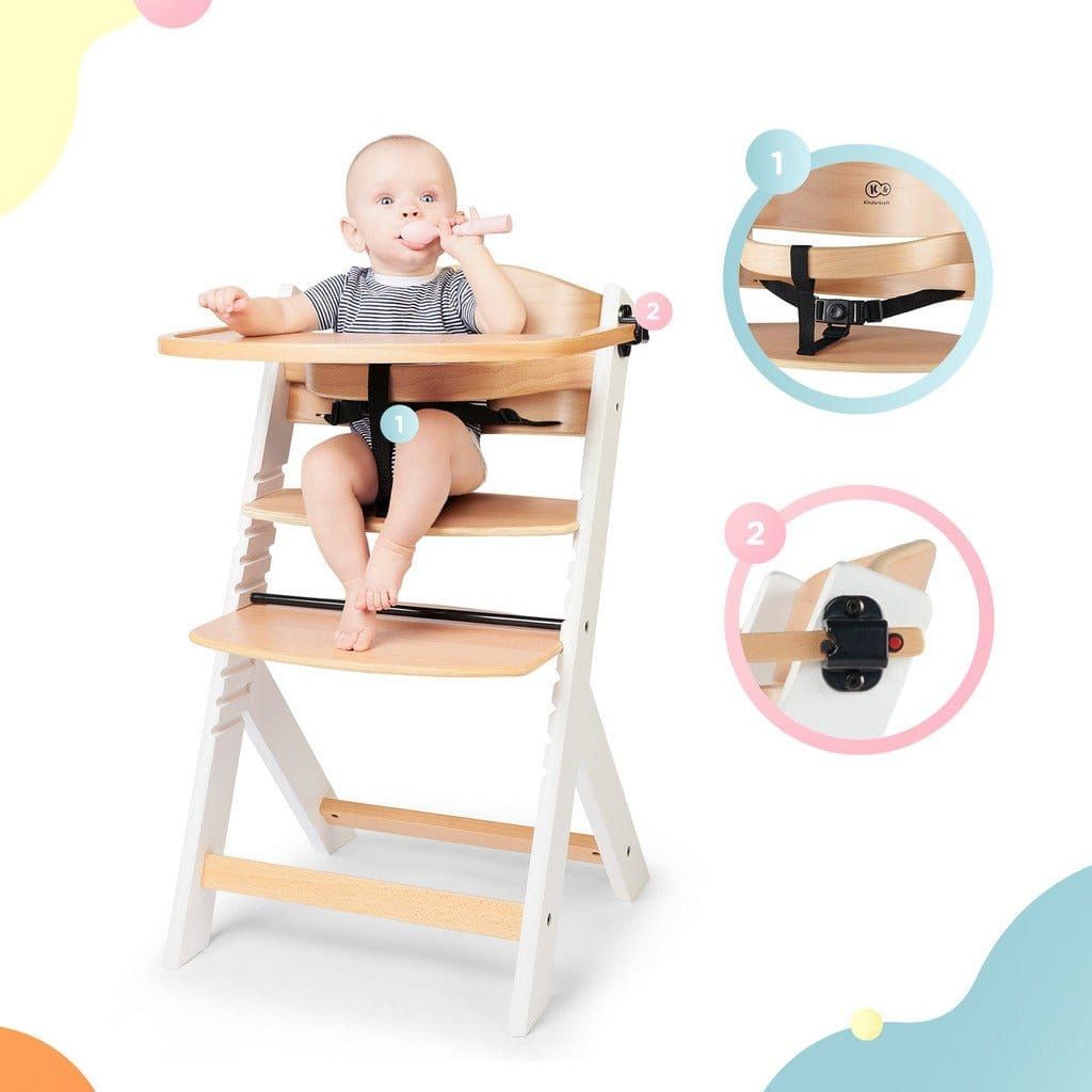 baby sitting at Kinderkraft Enock High Chair - White Wood with safety harness