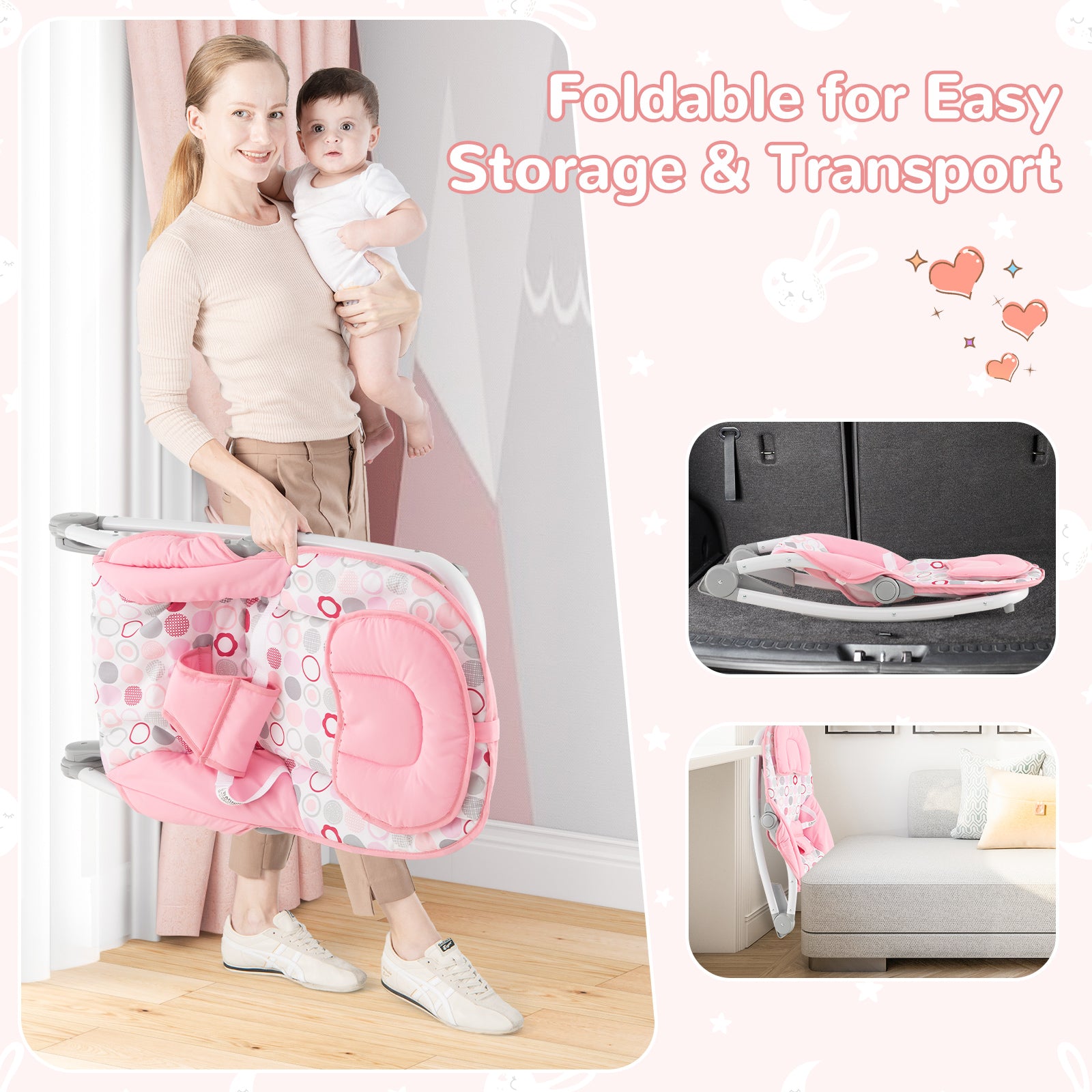 2-In-1 Portable Baby Rocker with Adjustable Backrest and Safety Belt-Pink - The Online Toy Shop - 3 - Costway