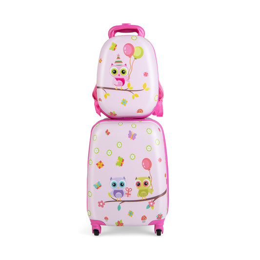 2 Pieces Kids Luggage Set with Wheels and Height Adjustable Handle - Light Pink Owls