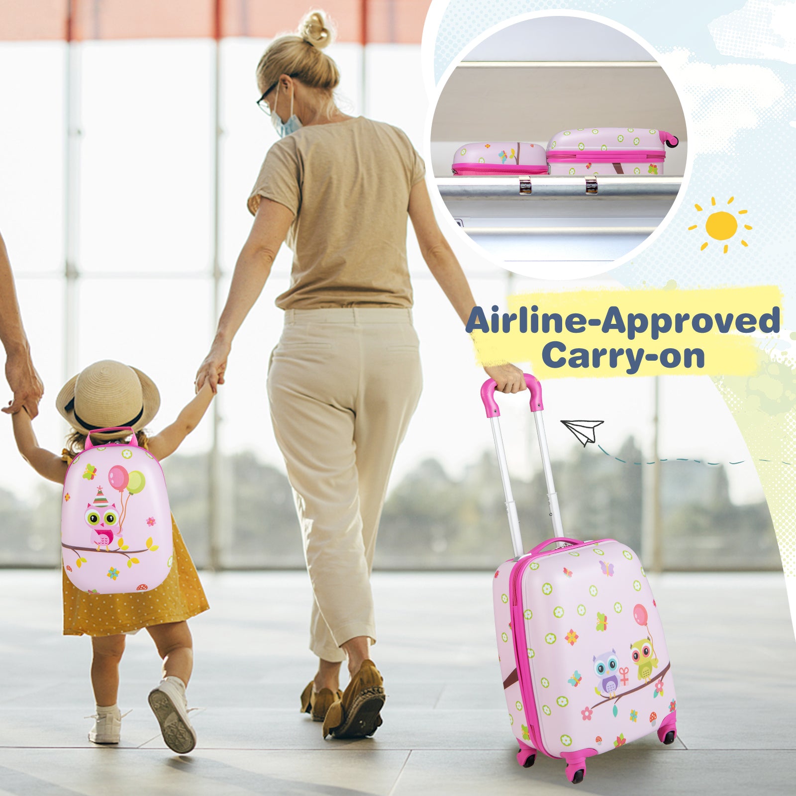 2 Pieces Kids Luggage Set with Wheels and Height Adjustable Handle Light Pink Owls