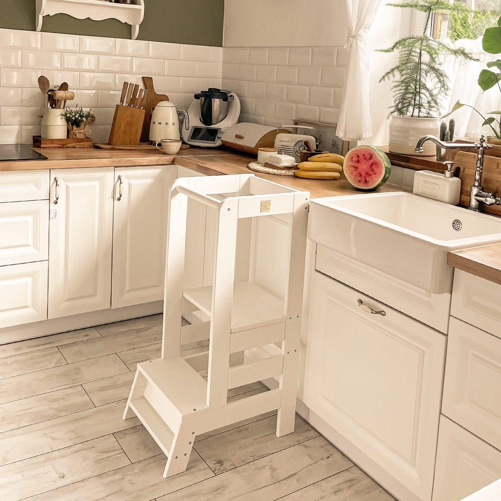 Wooden Kitchen Helper - Learning Tower - White by sink
