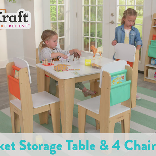 video of girls playing at KidKraft Pocket Storage Table and 4 Chair Set - Natural