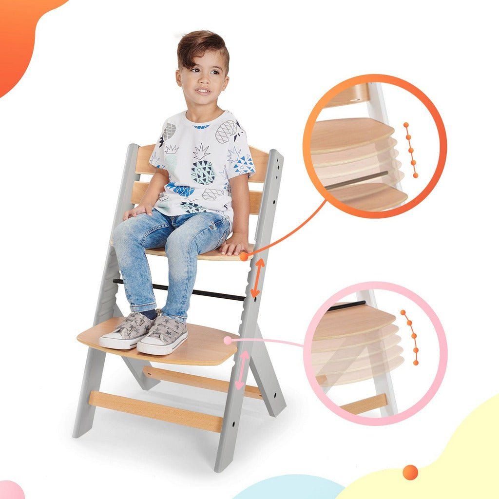 boy sitting on Kinderkraft Enock High Chair - Grey Wood