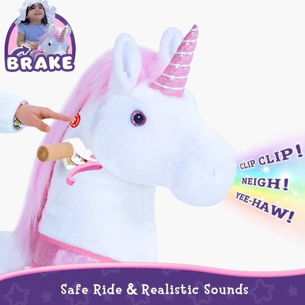 Ponycycle Ride-on Plush Unicorn Age 4-8 Pink head close up with sounds