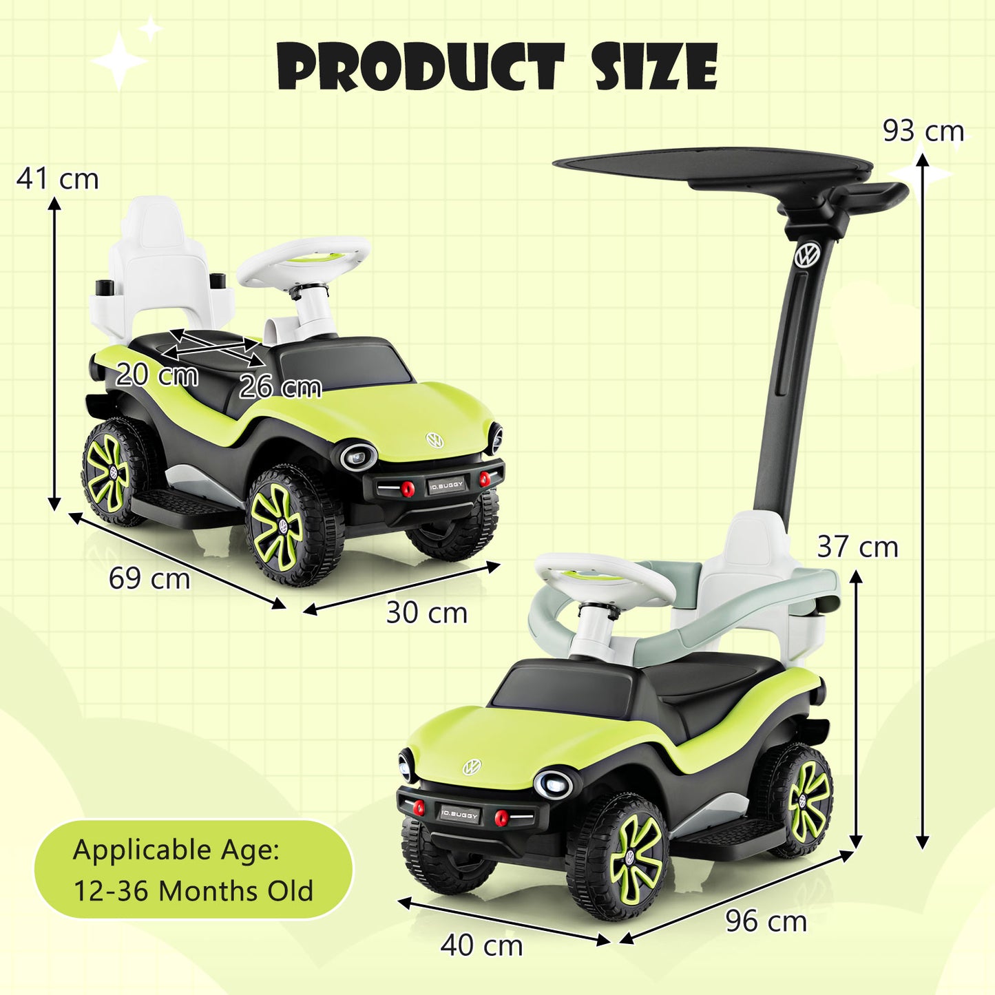 3 in 1 Kids Ride on Push Car with Handle and Canopy-Green
