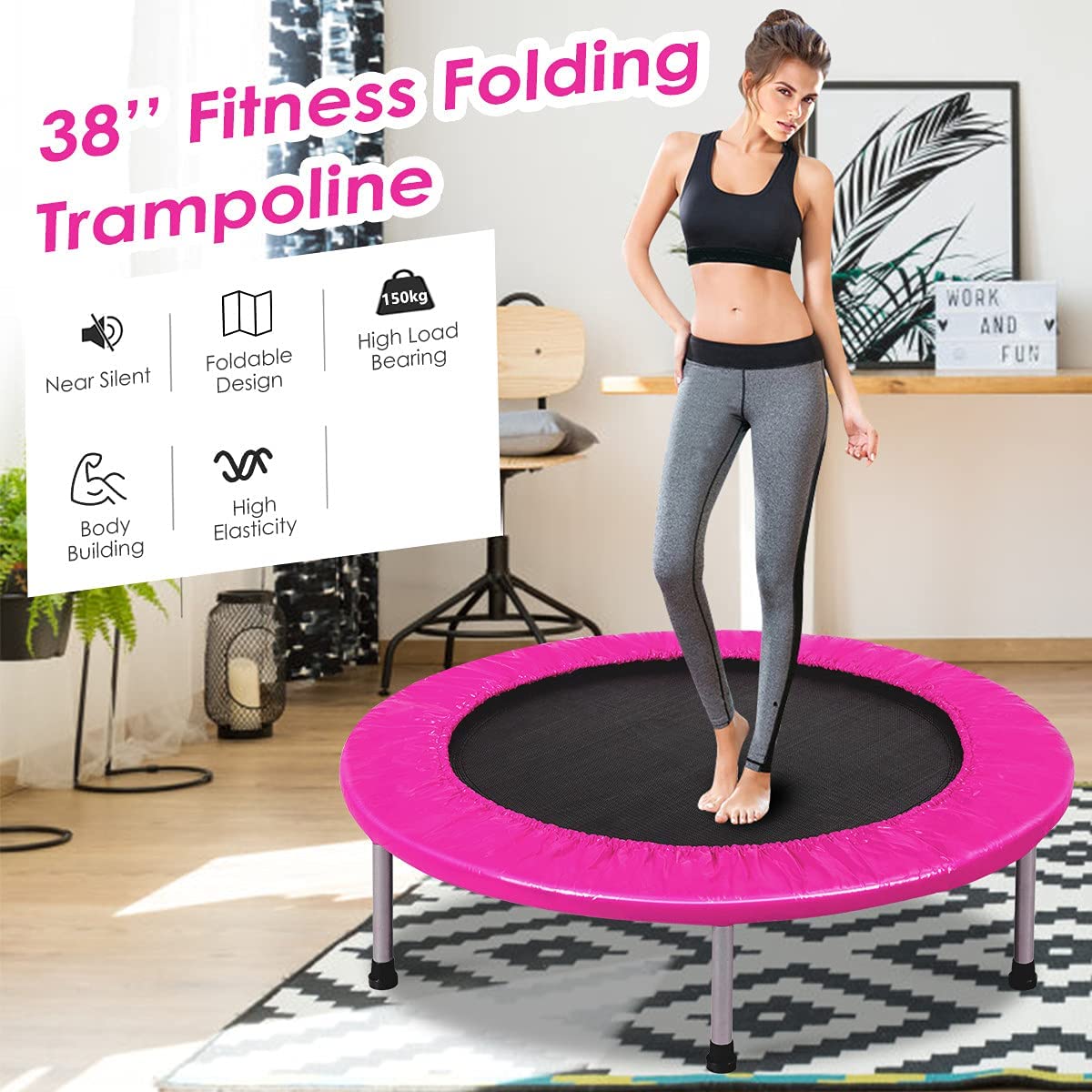 Foldable Mini Trampoline with Springs and Padded Cover-pink