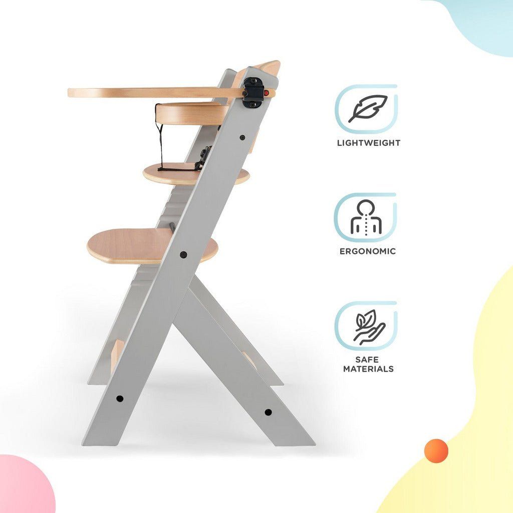 Kinderkraft Enock High Chair - Grey Wood side with features listed