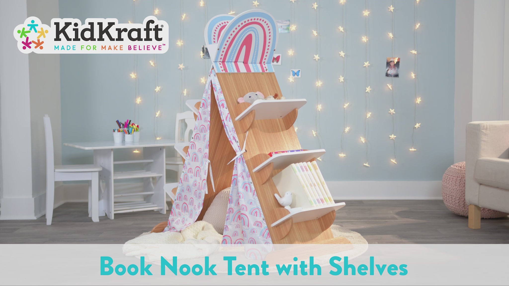 video of girl playing with KidKraft Book Nook Tent with Shelves