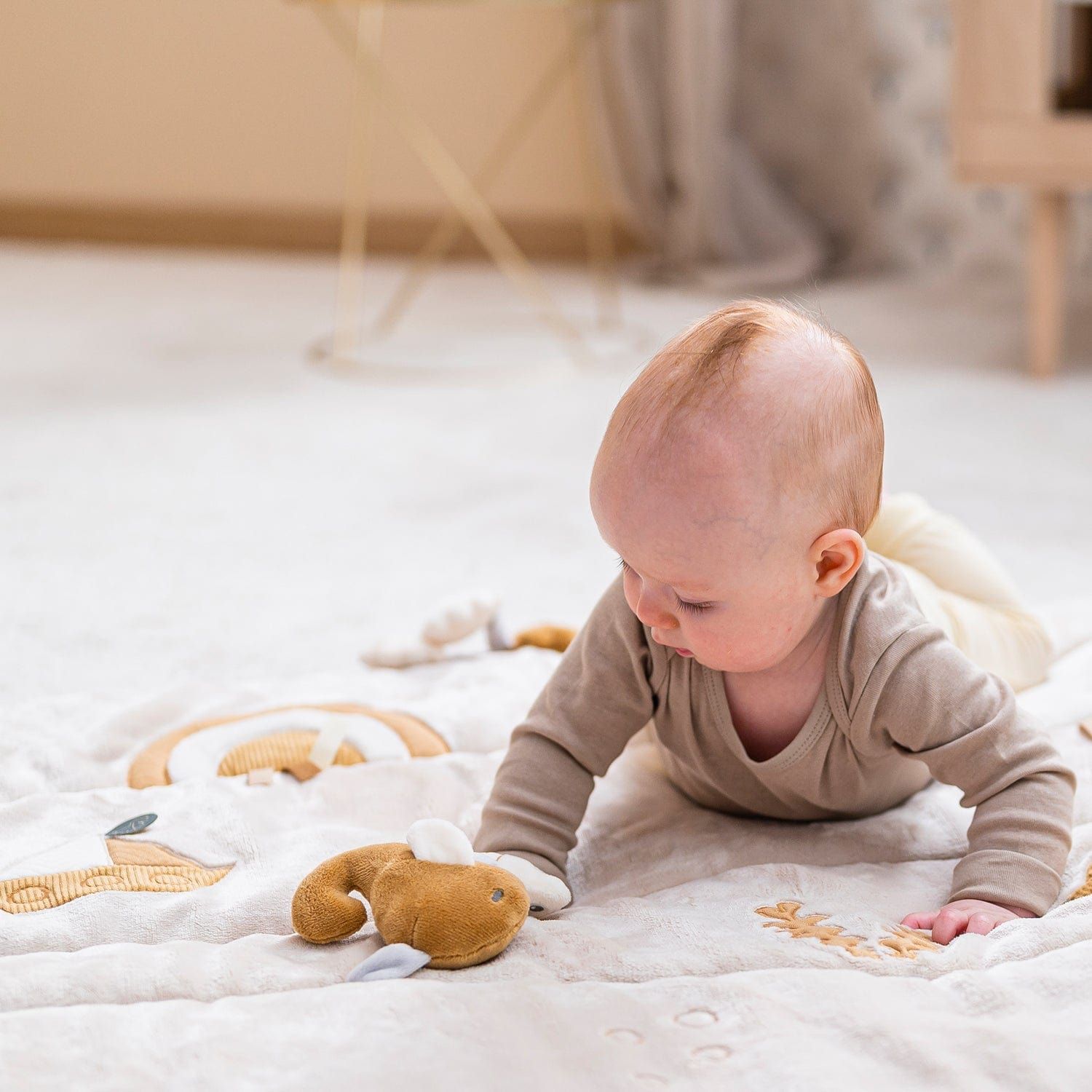 baby crawling on Nattou Baby Activity Mat - Charlie The Dog