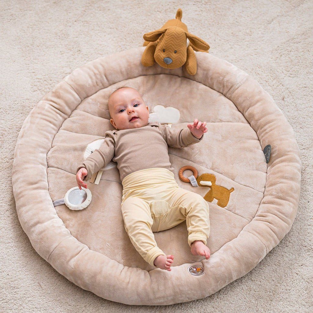 baby lying on Nattou Baby Stuffed Playmat with Arches - Charlie The Dog without arches
