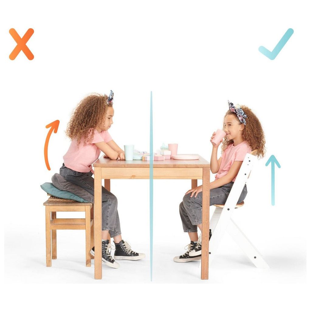 2 girls sitting at dining table one on Kinderkraft Enock High Chair - Grey and the other on a stool