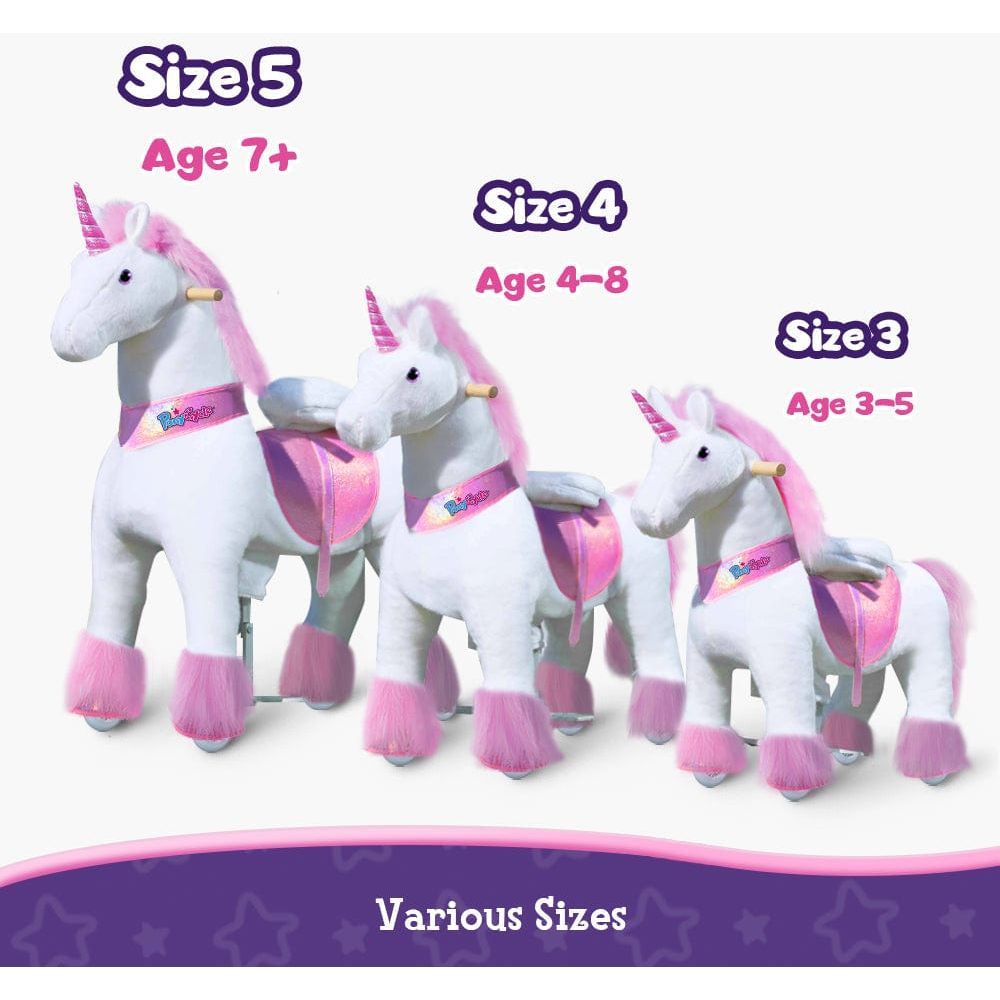 Ponycycle Ride-on Plush Unicorn Age 4-8 Pink age and size guide