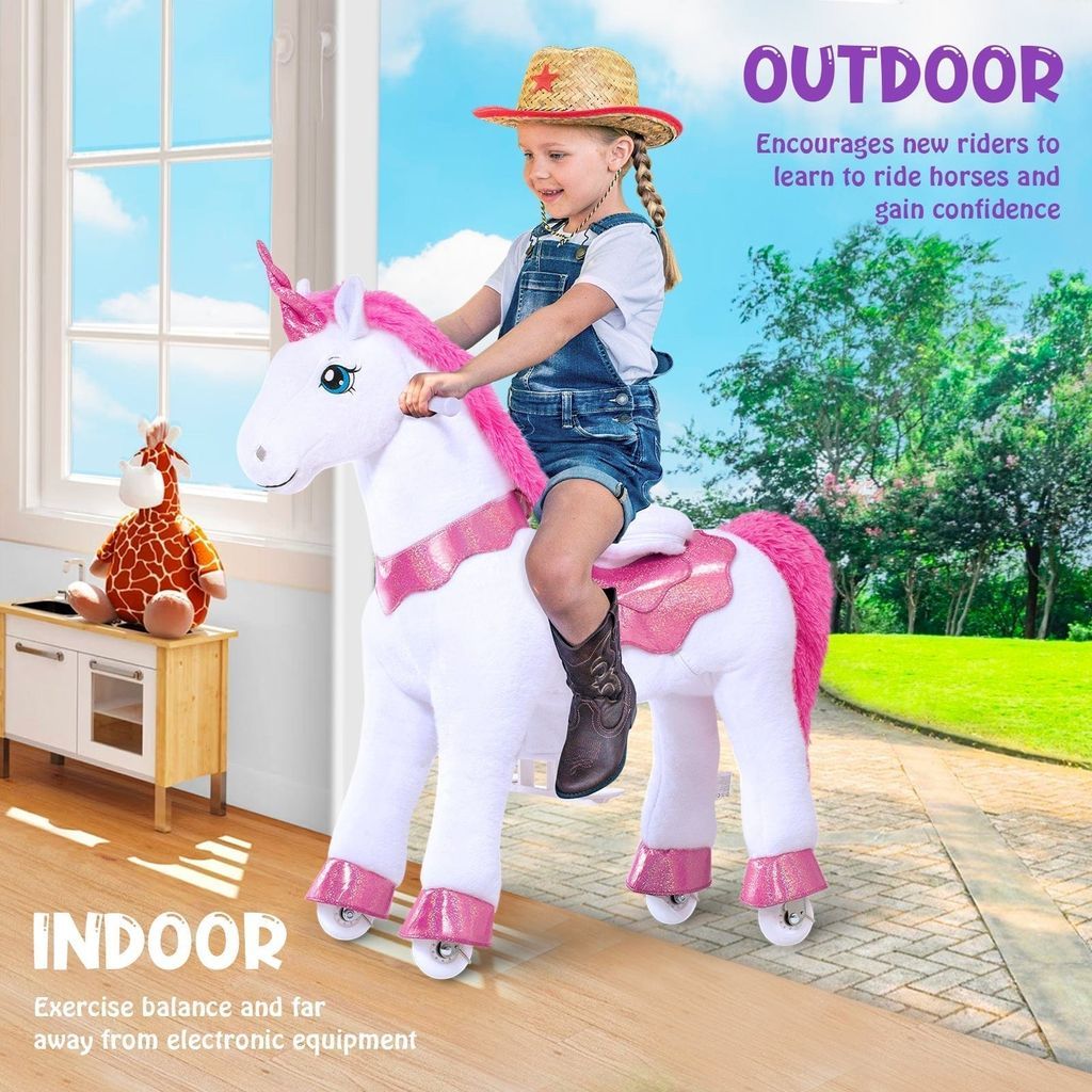 girl riding Ponycycle Model E Riding Unicorn Toy Age 3-5 indoors and outdoors