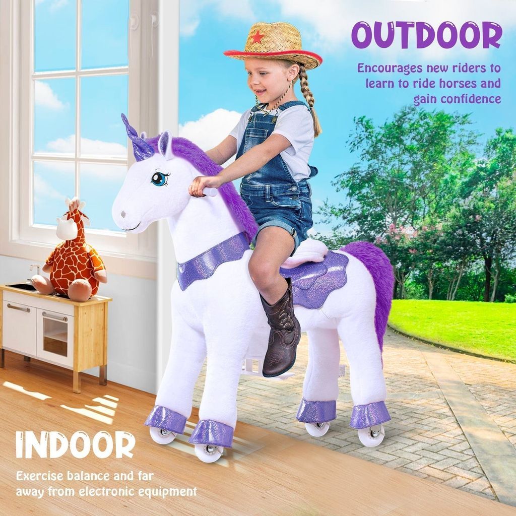girl riding Ponycycle Model E Unicorn Riding Toy Age 3-5 indoors and outdoors