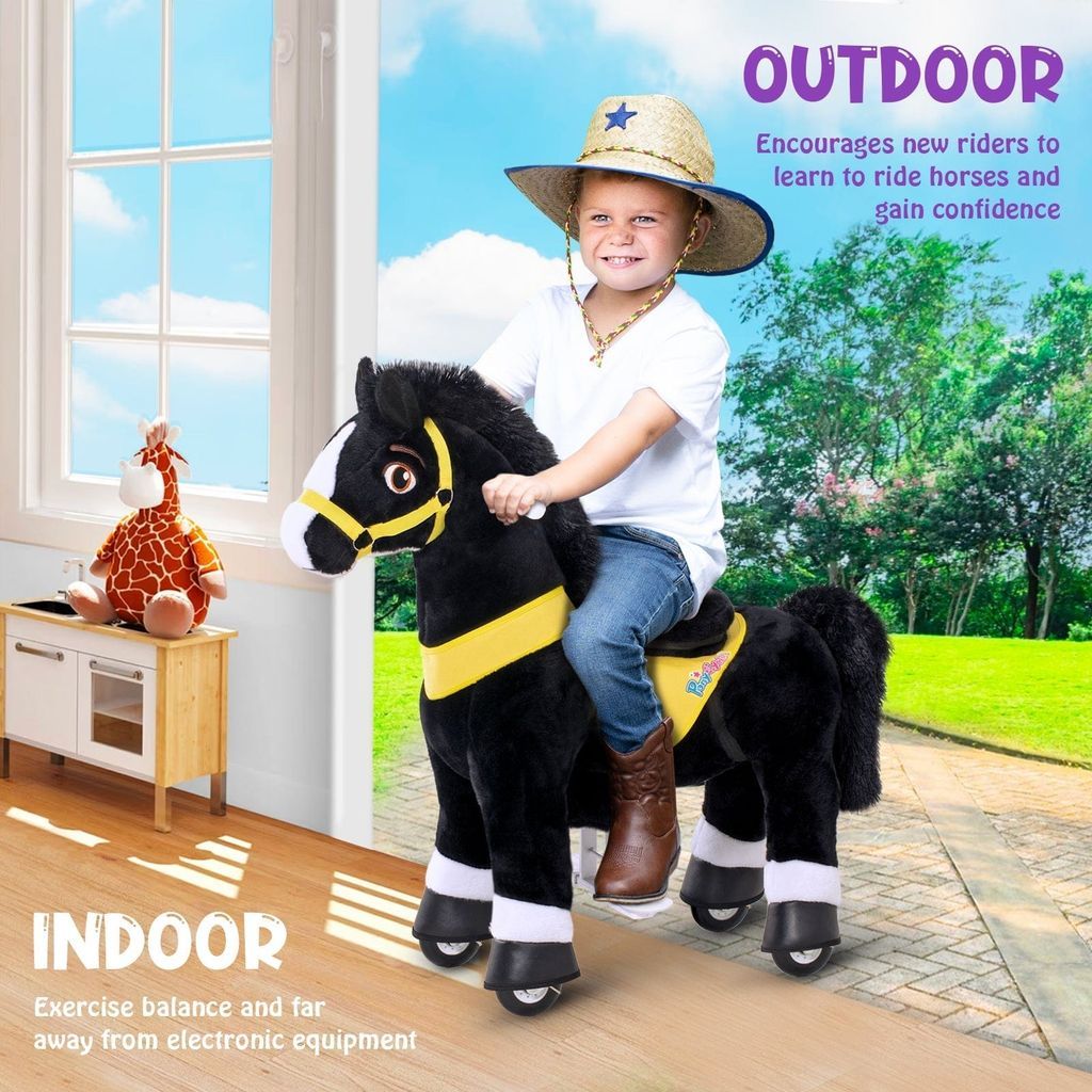 boy riding Ponycycle Model E Saddle Horse Toy Age 4-8 indoors and outdoors