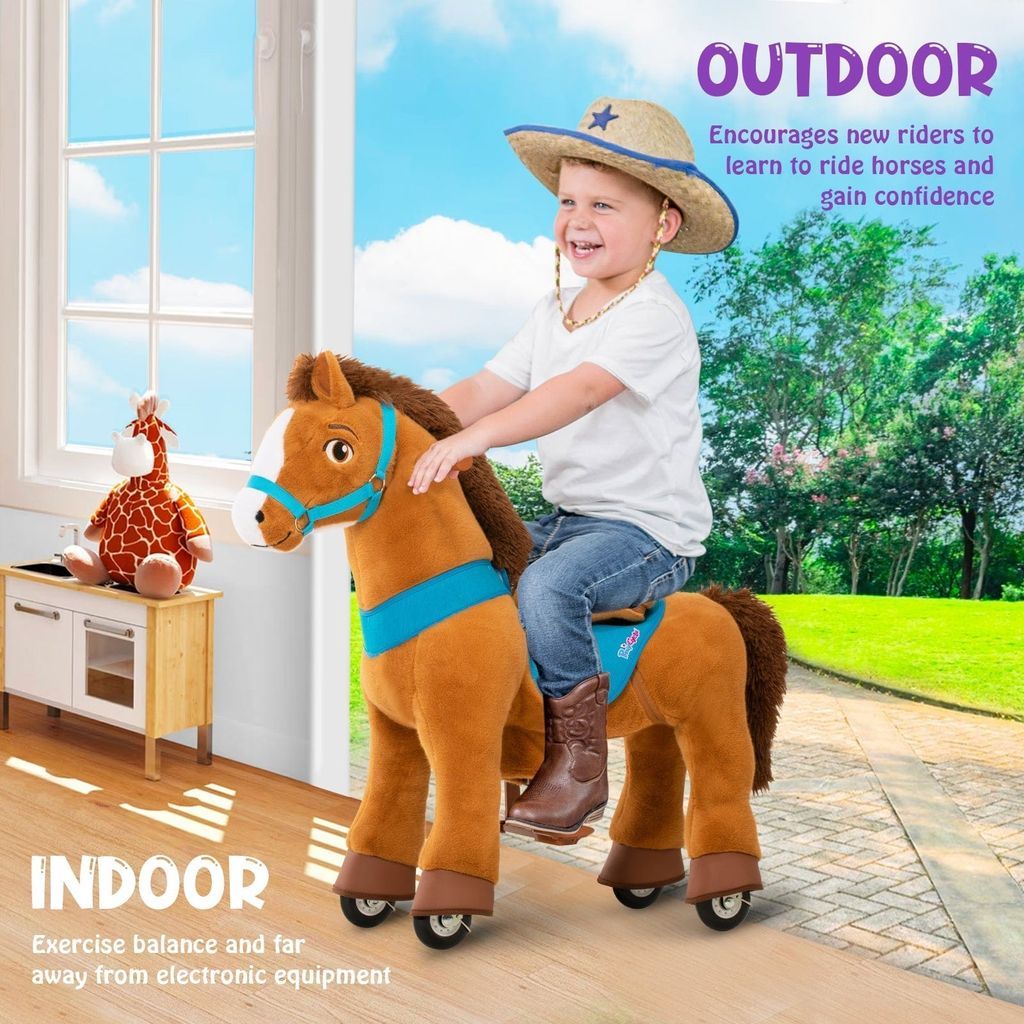 boy riding Ponycycle Model E Toy Horse Riding Age 4-8 indoors and outdoors