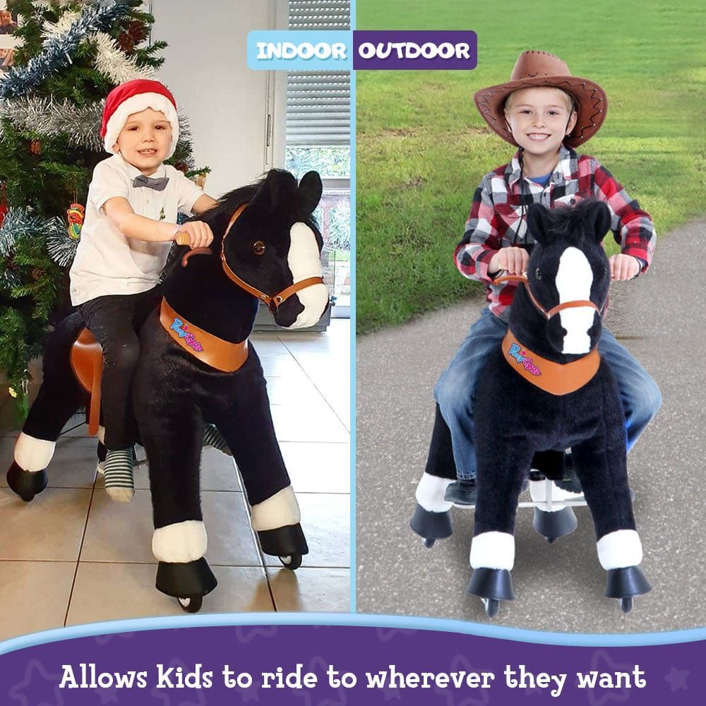 boy riding PonyCycle® Horse Age 4-8 Black indoors and outdoors