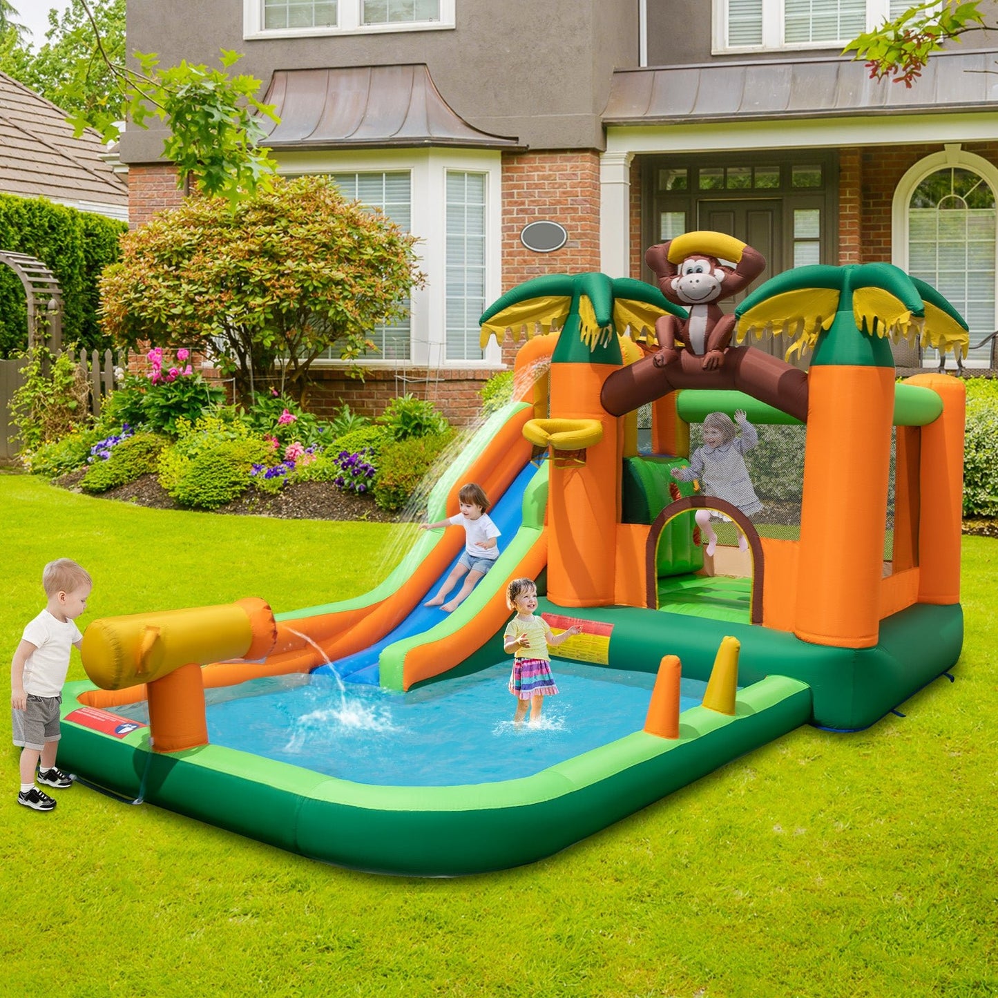 Monkey Theme Inflatable Water Park with Slide & Splash Pool