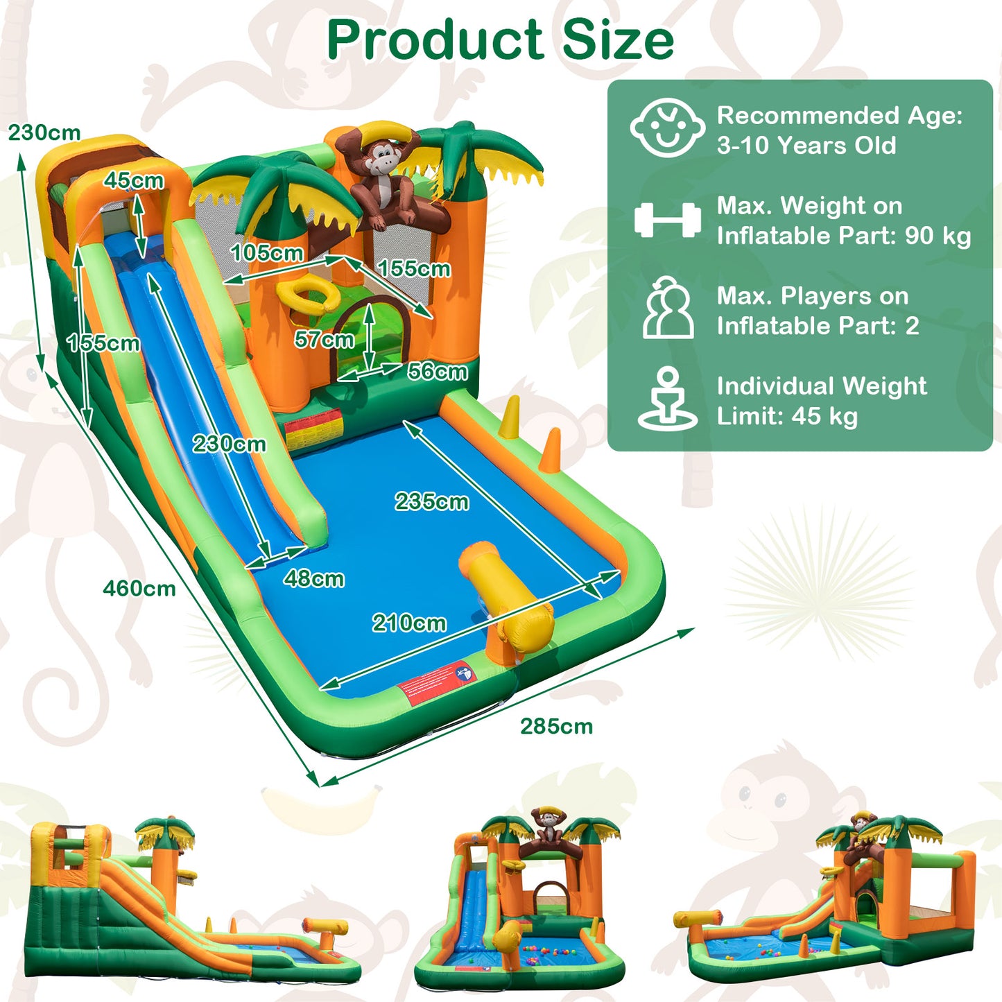 Monkey Theme Inflatable Water Park with Slide & Splash Pool