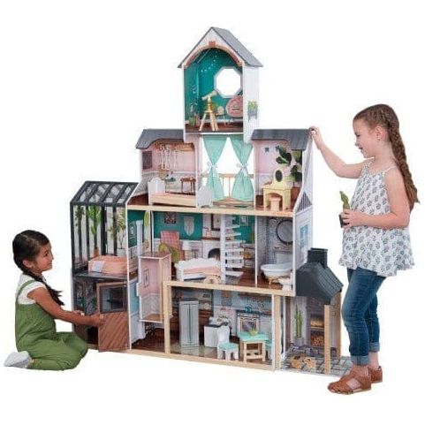 girls playing with KidKraft Celeste Mansion Dollhouse with EZ Kraft Assembly™