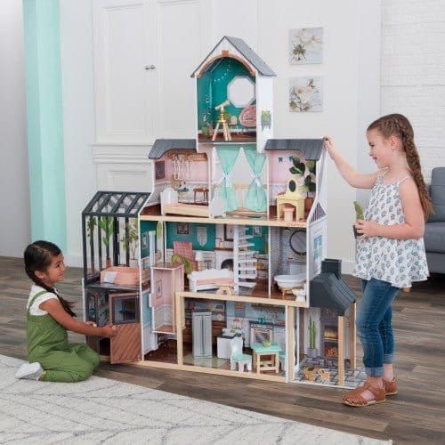 girls playing with KidKraft Celeste Mansion Dollhouse with EZ Kraft Assembly™