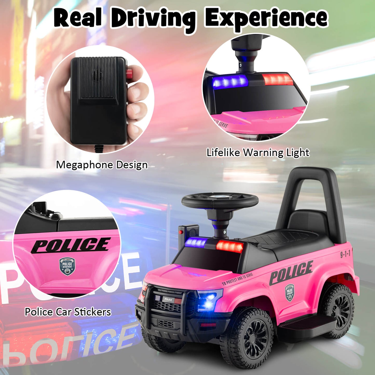 6V Kids Ride On Police Car with Side Megaphone-Pink