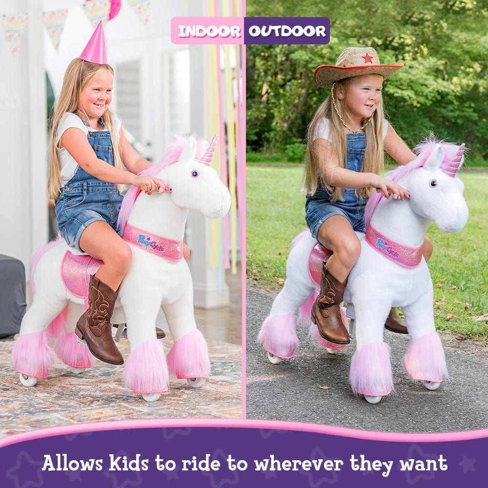 girls riding Ponycycle Ride-on Plush Unicorn Age 4-8 Pink indoors and outdoors